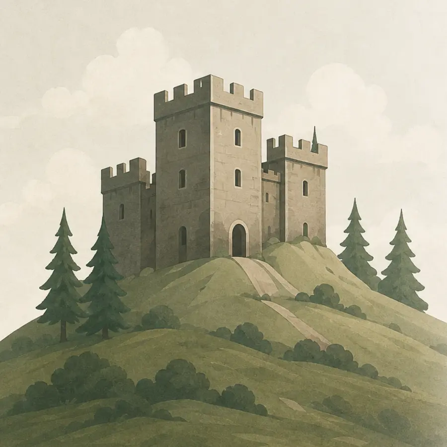An illustrated stone keep on a sage-green hill