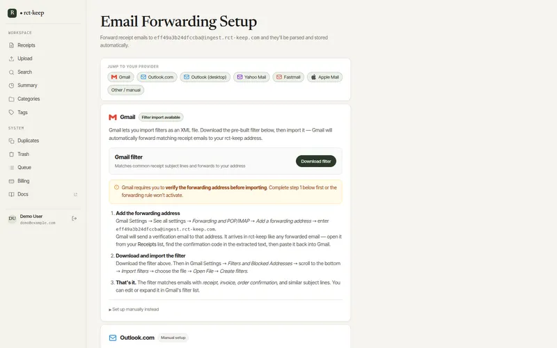 The Email Forwarding Setup page showing your personal forwarding address and the pre-built Gmail filter