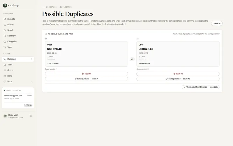 The Possible Duplicates page showing a matched pair with trash, keep-both, and same-purchase options