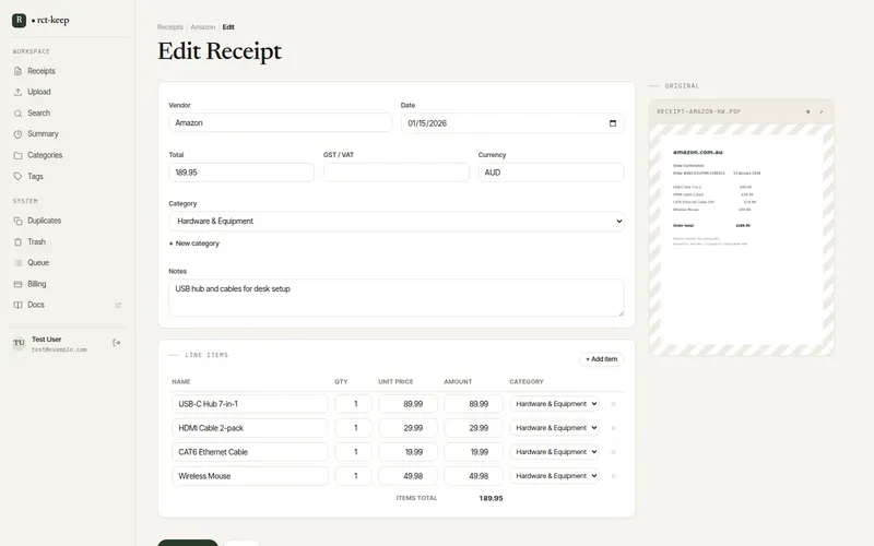 The Edit Receipt form showing receipt fields and line items, with the original PDF preview on the right