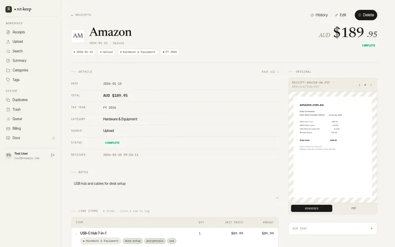 Receipt detail view showing the red Delete button in the top-right corner