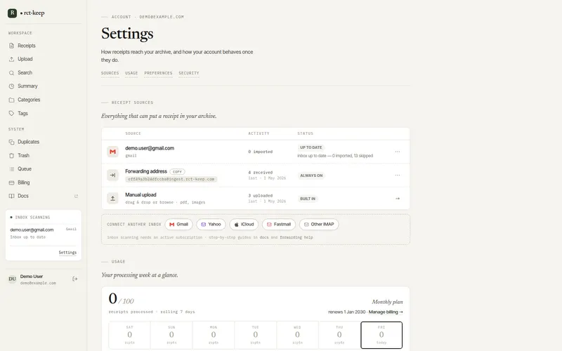 Settings — Receipt sources showing a connected Gmail inbox with live status and the Connect another inbox rail