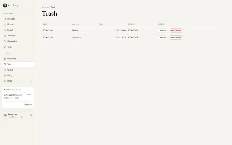 The Trash page listing deleted receipts with Restore and Permanently Delete buttons