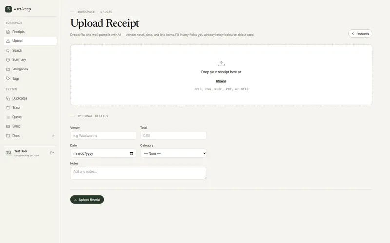 The Upload Receipt page showing the drop zone and optional fields