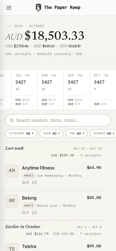 The Paper Keep on a phone, showing a list of receipts collected from email