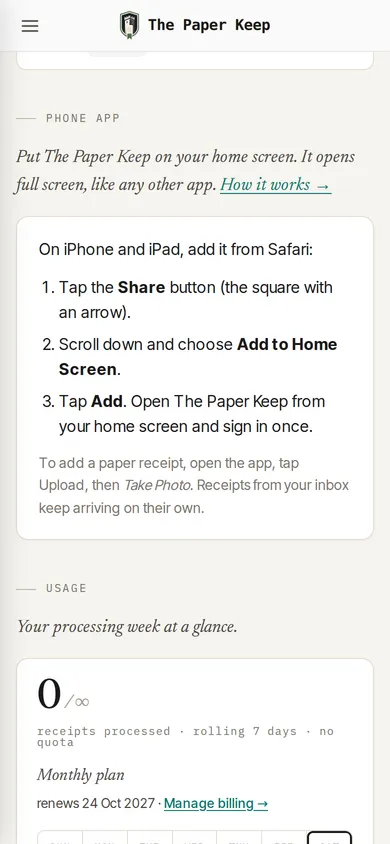 Settings → Phone app on an iPhone, with steps to add The Paper Keep to the home screen
