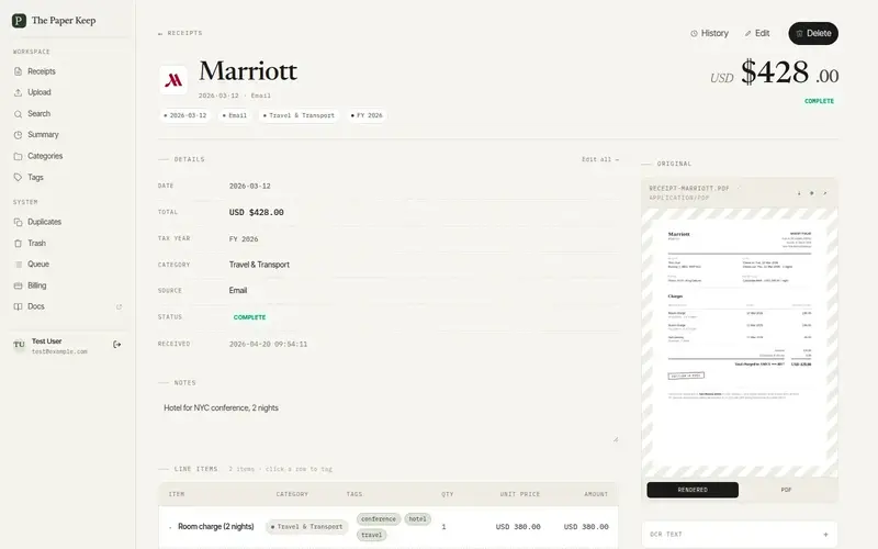 A receipt detail page in The Paper Keep showing vendor, total, line items, and the original PDF preview.