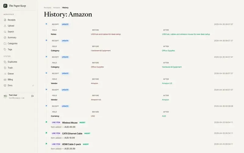 Receipt history page showing a timeline of edits with before and after values for each changed field