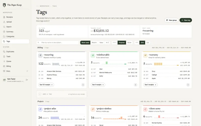 Tags screen showing colour-coded tag cards grouped by billing and project, each with totals, sparklines, and recent receipts